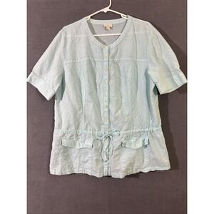 J. Jill XL Linen Cotton Blend Top Light Blue Green Button Up Beachy Coastal Cute